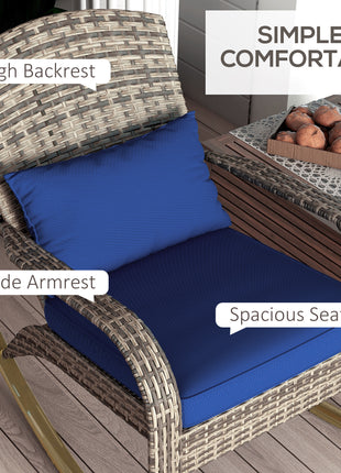 Adirondack Chair, Outdoor Wicker Rocking Chair with High Back, Seat Cushion, and Pillow for Porch, Balcony, Dark Blue