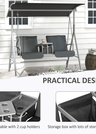 2-Seater Outdoor Porch Swing with Canopy and Table, Patio Swing Chair for Garden, Poolside, Backyard, Gray