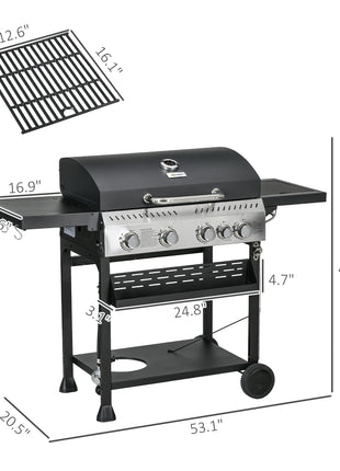 4 Burner Propane Gas Grill with Side Burner, 40,000 BTU Outdoor Barbeque with Shelves, Thermometer, Bottle Opener, Black