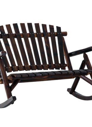 Wooden Porch Rocking Chair, Wood Double Adirondack, Rocker for Indoor or Outdoor with High Rise Slatted Back, Carbonized