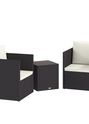 Folding Wicker Bistro Set, 3 Piece Patio Furniture Set with Cushions and Glass Coffee Table for Porch, Balcony, Brown