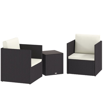 Folding Wicker Bistro Set, 3 Piece Patio Furniture Set with Cushions and Glass Coffee Table for Porch, Balcony, Brown