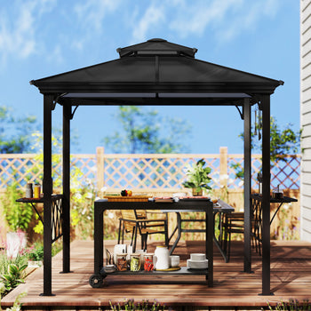 Outside Porch BBQ Cooking Pergola Canopy with 6 Hooks for Utensils and Double Venting Roof, Coffee