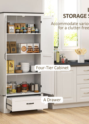 72" Farmhouse Pantry Cabinet with Adjustable Shelves, Kitchen Pantry Cabinet with 2 Doors, Distressed White