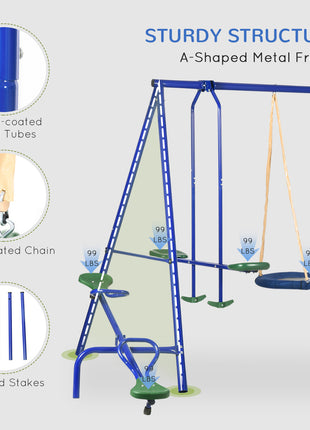 Swing Set for Backyard, 5 in 1 Outdoor Playset for Kids with Heavy-Duty A-Frame Stand, 29.5" Saucer Swing, Slide, Teeter-Totter, Glider, 693 Lbs Load, Blue