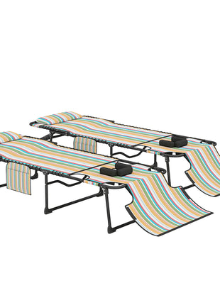 2 Piece Folding Chaise Lounge Pool Chairs with 5-level Reclining Back, Reading Hole, Side Pocket, Rainbow Striped