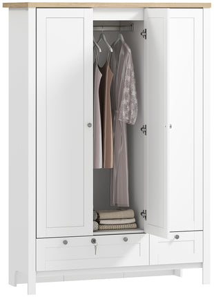 3 Doors Wardrobe Closet with 2 Drawers, Bedroom Armoire with Lockable Drawer, Hanging Rod and Storage Shelves, White