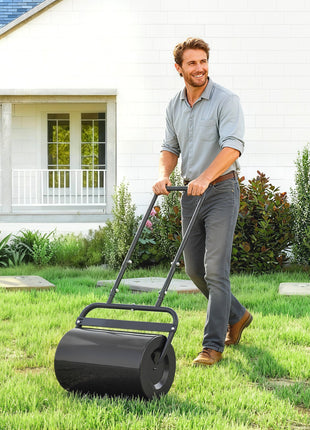20-Inch Push/Tow Behind Lawn Roller Filled with 10 Gal Water or Sand for Flattening Sod in the Garden, Black