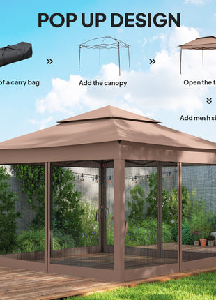 Outdoor Patio Pop Up Canopy Gazebo Shelter with Zipper Netting, Carry Bag, 11' x 11', Brown