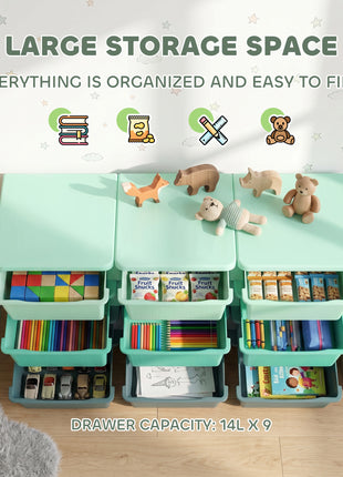 3 Tier Kids Storage Organizer with 9 Drawers for Bedroom, Nursery, Kindergarten, Living Room, Boys and Girls, Green