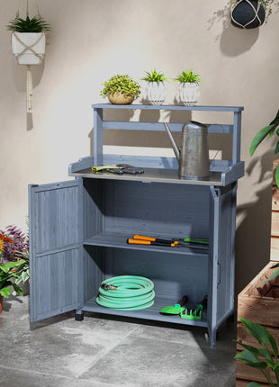 Outdoor Wooden Potting Bench with Storage Cabinet, Shelves, Galvanized Plated Tabletop for Backyard, Balcony, Gray