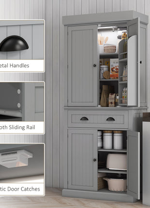 71" Kitchen Pantry Cabinet with LED Lights, 6 Door Shelves, a Drawer and 4 Adjustable Shelves, Gray