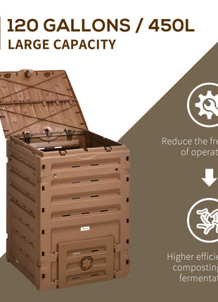 Garden Compost Bin, 120 Gallon (450L) Garden Composter, BPA Free, with 80 Vents and 2 Sliding Doors, Lightweight & Sturdy, Fast Creation of Fertile Soil, Brown