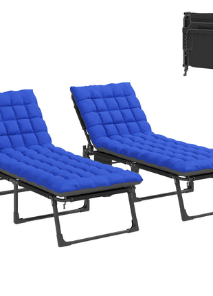 Folding Chaise Lounge Chair Outdoor Tanning Chair Set of 2 with 5-Position Backrest, Cushions, Side Pocket, Gray/Blue