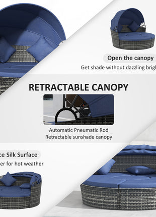 4-piece Cushioned Outdoor Rattan Wicker Sunbed or Conversational Sofa Set with Sun Canopy, Dark Blue