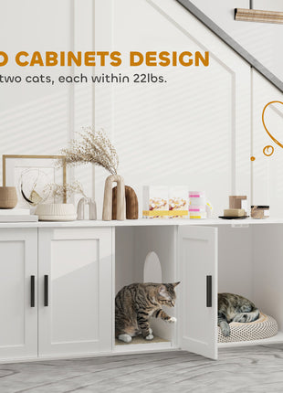 Cat Litter Box Enclosure with Double Room, Scratching Mat for 2 Cats, 57" x 19" x 20", White