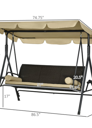 3-Seat Patio Swing Chair, Outdoor Canopy Swing Glider with Removable Cushion, Pillows, Adjustable Shade, and Rattan Seat, for Porch, Garden, Poolside, Backyard