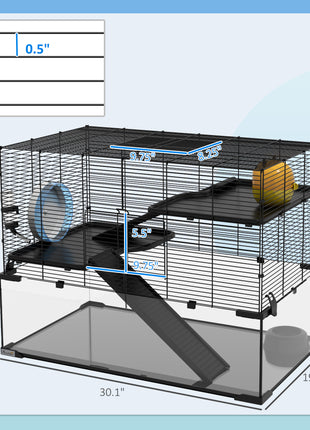30" Hamster Cage, Gerbil Cage with Glass Basin for Small Hamsters, Black