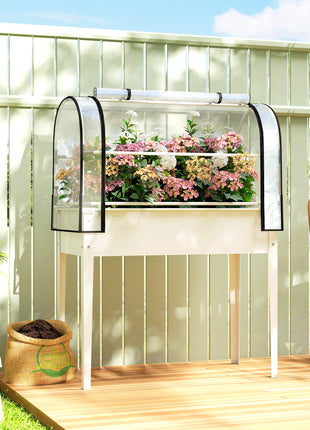 Raised Garden Bed with Flip-Up Greenhouse Cover, Metal Elevated Garden Bed with Legs and Drainage Hole, White