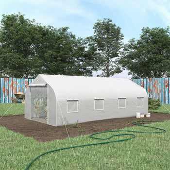 20' x 10' x 7' Walk-in Tunnel Greenhouse with Zippered Mesh Door & 8 Mesh Windows, Gardening Plant Hot House with Galvanized Steel Hoops, White