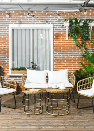5 Piece PE Rattan Outdoor Furniture Set with Cushioned Chairs, Loveseat Sofa & Stackable Coffee Tables, Cream White