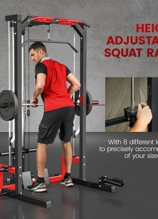 Smith Machine Power Rack with Pull Up Bar, Lat Pull Down System, Landmine, Squat Rack, Barbell Bar, for Home Gym