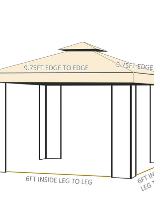  10' x 10' Metal Patio Gazebo, Double Roof Outdoor Gazebo Canopy Shelter with Tree Motifs Corner Frame and Netting, for Garden, Lawn, Backyard, and Deck, Beige