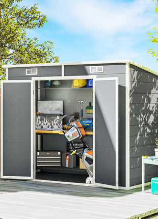 8' x 4' Plastic Outdoor Storage Shed with Floor, Window, Lockable Doors and Vents for Backyard Patio Lawn, Gray