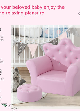 Kids Sofa Set with Footstool, Princess Sofa with Diamond Decoration