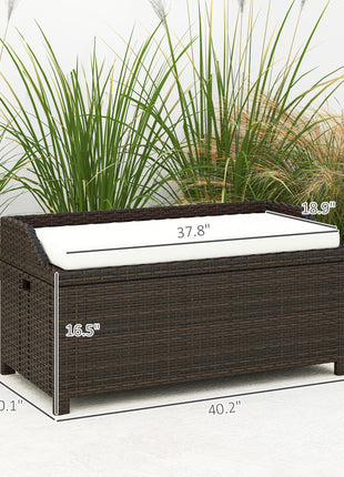 Outdoor Wicker Storage Bench with Storage & Cushion, Cream White