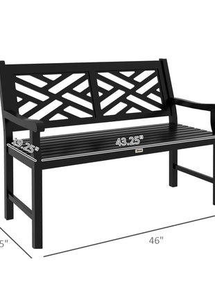 Outdoor Garden Bench, Wooden Frame Patio Bench with Geometric Pattern, 43.25 Inch Weatherproof 2-Person Love Seat for Garden, Lawn, Porch, Yard, Work Entryway, Black