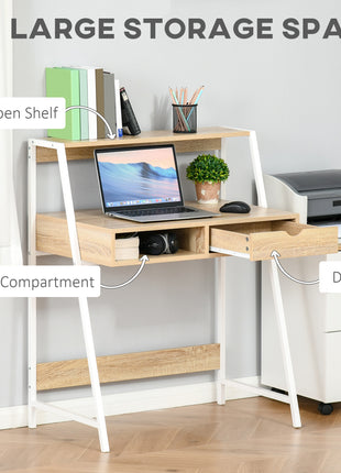 Home Office desk, Computer Desk for Small Spaces, Study Table with Drawer and Storage Shelves, Natural