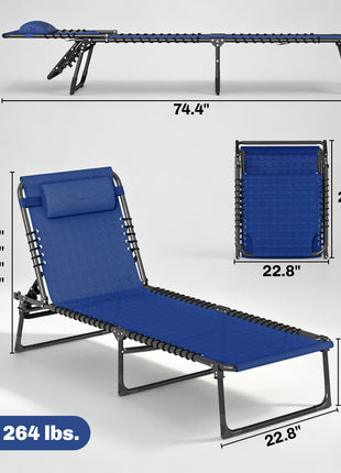 2 Folding Chaise Lounge Pool Chairs with 4-Position Reclining Back, Pillow, Breathable Mesh & Bungee Seat, Blue