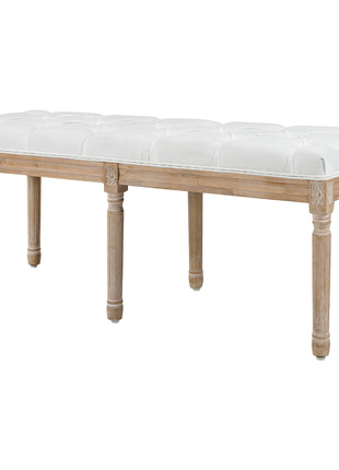 46" Linen Upholstered Bedroom Bench, French End of Bed Bench with Thick Padded Cushion and Wooden Legs, Cream White