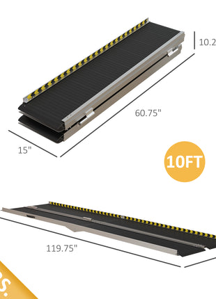 Wheelchair Ramp, 10FT Foldable Threshold Ramp, Aluminum Handicap Ramp with Non-Slip Surface, Transition Plates Above and Below for Home, Doorways, Steps, 600lbs Capacity