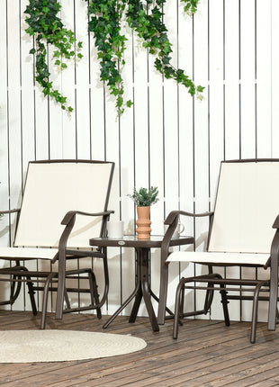 3 Piece Outdoor Glider Chair with Coffee Table Bistro Set, 2 Patio Rocking Swing Chairs with Breathable Sling Fabric, Glass Tabletop, for Backyard, Garden and Porch, Cream White