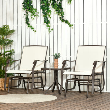 3 Piece Outdoor Glider Chair with Coffee Table Bistro Set, 2 Patio Rocking Swing Chairs with Breathable Sling Fabric, Glass Tabletop, for Backyard, Garden and Porch, Cream White