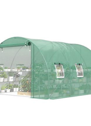 10'x11'x6' Walk-in Tunnel Greenhouse with Shelves, Mesh Door and Windows, Hoop House Greenhouse with PE Cover, Green
