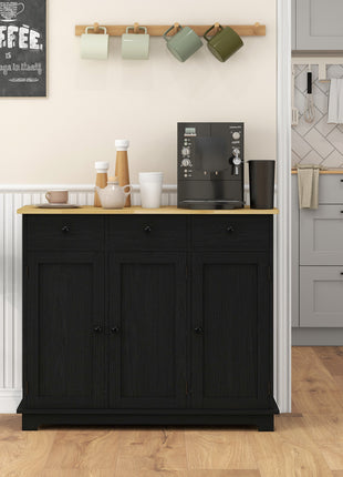 Kitchen Storage Cabinet, Sideboard Floor Cupboard with Solid Wood Top, Adjustable Shelf, and 3 Drawers, Black Wood Grain