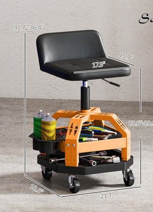 Rolling Creeper Garage Stool, 300 LBS Capacity Mechanic Stool with 360° Wheels, Tool Tray, Adjustable Height, Yellow