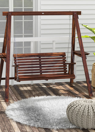 2-Seat Outdoor Swing Chair with Stand and Side Tables for Garden, Poolside, Backyard, Carbonized