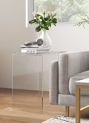 Modern Acrylic End Table, Waterfall Side Table with Rounded Edges and Storage for Small Spaces, 21" x 12" x 21", Clear