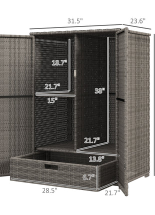Outdoor Storage Cabinet with Shelves, Rattan Pool Towel Storage Cabinet with Removable Shelf & Drawer, Dark Gray