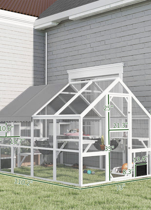 Wooden Catio Outdoor Cat Enclosure with Waterproof Cover, 2 Condos, 6 Platforms, Bridge, Doors, White