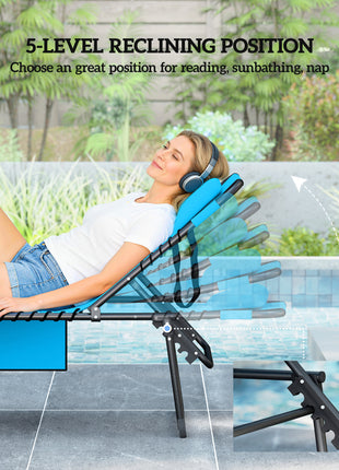 Folding Chaise Tanning Lounge Chair w/ 5-level Reclining Back, Reading Hole, Side Pocket, Headrest, Blue