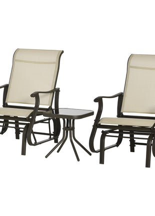 3-Piece Outdoor Gliders Set Bistro Set with Steel Frame, Tempered Glass Top Table for Patio, Garden, Backyard, Lawn, Beige