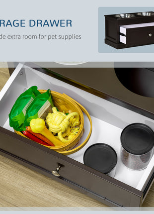 Large Elevated Dog Bowls with Storage Drawer Containing 11L Capacity, Raised Dog Bowl Stand Pet Food Bowl Dog Feeding Station, Brown