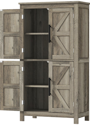 Bathroom Floor Storage Cabinet, Farmhouse Bathroom Cabinet with 4 Doors and Adjustable Shelf, Light Gray