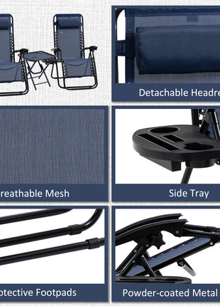 Zero Gravity Chair Set with Side Table, Folding Reclining Chair with Cupholders & Pillows, Adjustable Lounge Chair for Pool, Backyard, Lawn, Beach, Blue