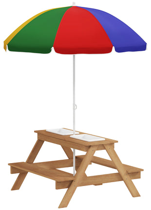 Wooden Outdoor Kids Picnic Table with Removable Umbrella, Children Sand and Water Activity Table for Patio, Mixed Color